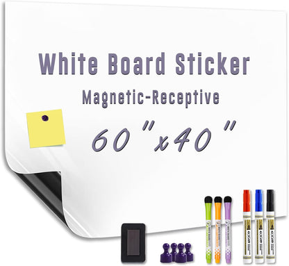 Large Magnetic Dry Erase Board Sheet 60" x 40" Adhesive Backing White Board Sticker for Wall Peel and Stick Whiteboard Contact Paper for Conference Room Office Home
