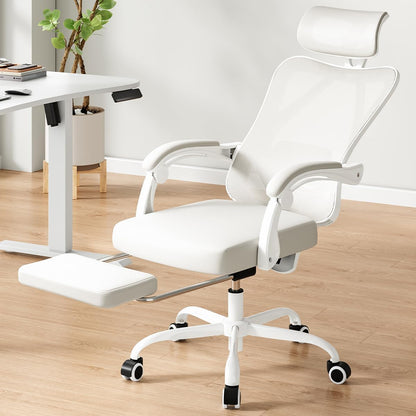 Farini Ergonomic Office Chair with Footrest, Mesh Office Desk Chair with Headrest, High Back Computer Chair with Adjustable Lumbar Support for Home Office Study Room Bedroom, White & Beige