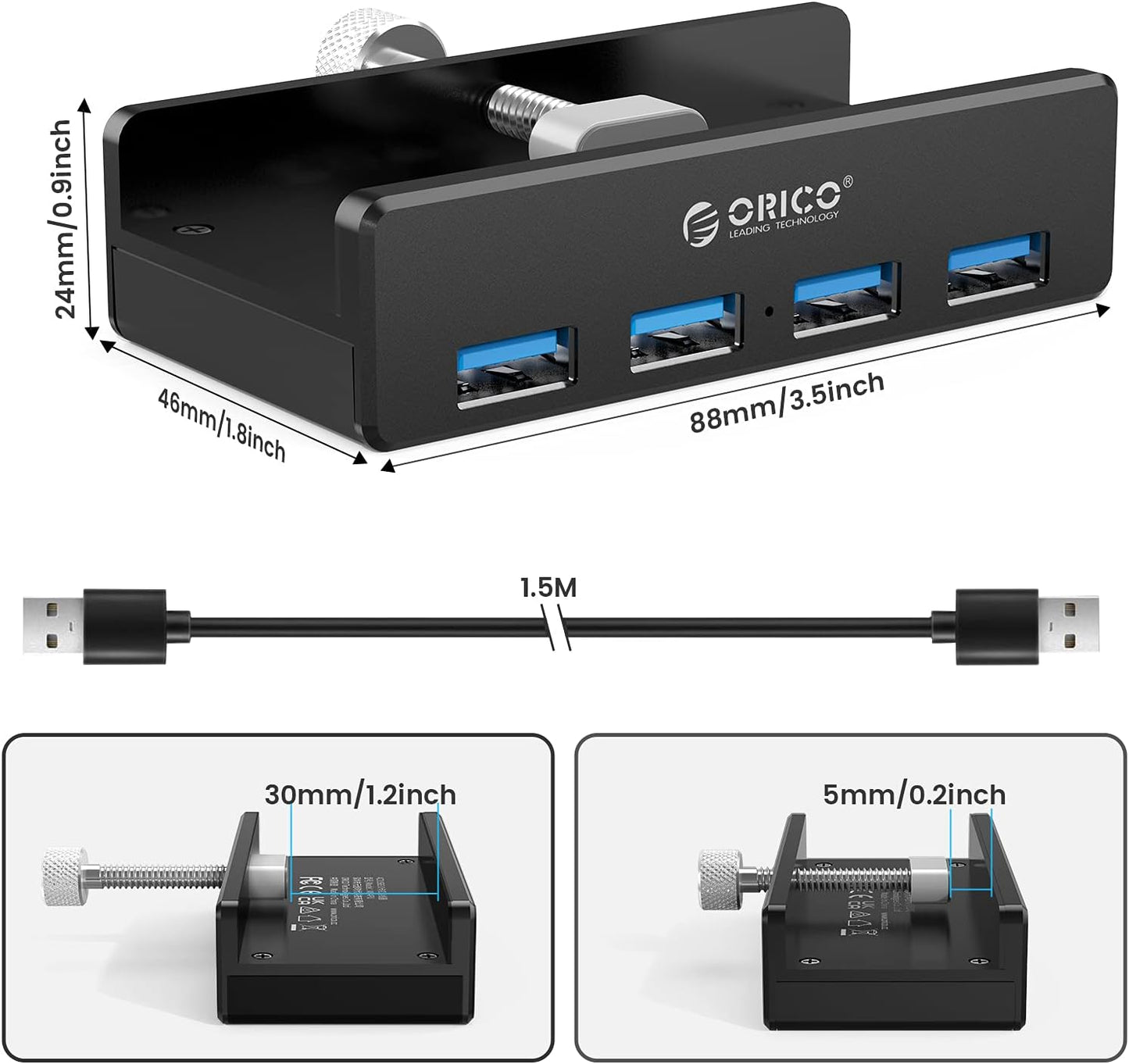 ORICO USB 3.0 Hub, USB Hub Clamp, Aluminum 4-Port USB Splitter with Extra Power Supply Port and 4.92 FT USB Data Cable, Desktop Powered USB Hub for Monitors/Desks-Black (Without Power Adapter)