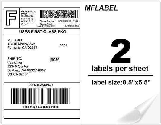 MFLABEL Half Sheet Labels with Self Adhesive, 8.5 x 11 Inches Packaging Labels, Address Labels, Shipping Labels for Laser & Inkjet Printers, 50 Count(25 Sheets)
