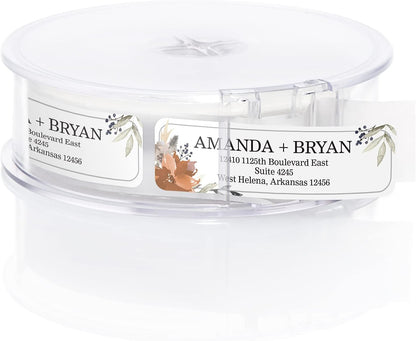 Indie Floral Rolled Address Labels/Roll of 250 Personalized Return Address Labels/Designer Return Address Stickers in Elegant Plastic Dispenser