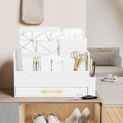 Bamboo Desk Organizer Mail Holder Countertop Wood Desk Drawer Tabletop Storage Box Pen Holder Letter Sorter Makeup Organizer for School Home Office Supplies with Pen Holder White