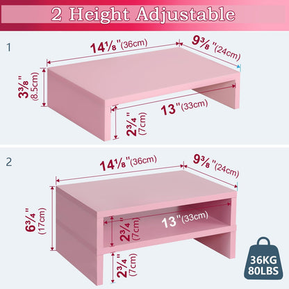 TEAMIX Pink Monitor Stand Riser-2 Pack,Wood 2 Tier Adjustable Monitor Stand Dual Monitor Riser for 2 Monitors/Laptop/PC Computer Stand for Desk