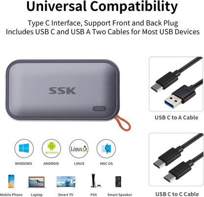 SSK Portable SSD 500GB External Solid State Drives, up to 1050MB/s USB C SSD External Hard Drive USB 3.2 Gen2 for iPhone 15/Pro, Windows, Mac, Android Phones and Tablets