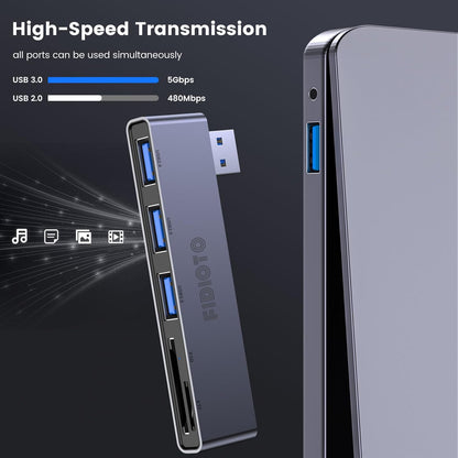 Fidioto USB A Hub, Left Model 5-in-1 Network-Hubs with 1 USB3.0 &2 USB2.0 & Micro SD/TF Card Reader, Compatible for Laptop MacBook, Chromebook, Dell, HP, Samsung, Keyboard, Mouse Etc.