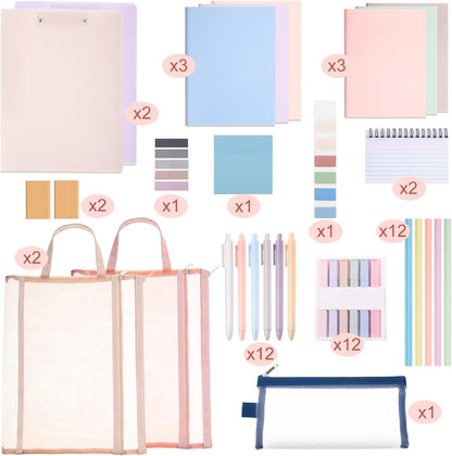 54 Pieces Aesthetic School Supplies Including Pastel Highlighters Document Bags Pencils Notebooks Pencil Pouch Ink Pens Sticky Notes Erasers Back to School Stationary Kit Supplies(Macaron Color)