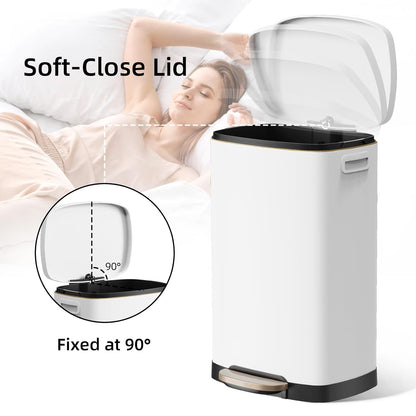 KUK 13 Gallon Kitchen Trash Can with Lid, 50L/13Gal Office Step Garbage Can for Home, Kitchen, Laundry Room, Office, Brushed Stainless Steel, White