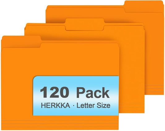 File Folder, HERKKA 120 Pack 1/3 Cut Tab File Folders, File Folders Great for Organizing and Filing, Letter Size, Orange