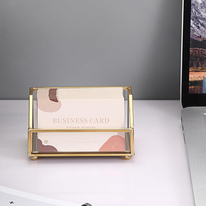 Hipiwe Business Card Holder Gold Name Card Display Stand with Mirror Bottom Metal Glass Desktop Organizer for Office Exhibition