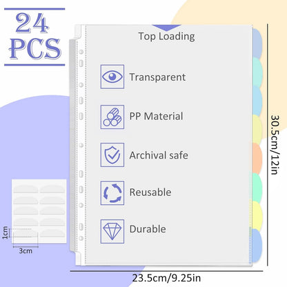 Binder Dividers & Sheet Protectors for 2/3/4 Ring Binder - 3 Sets of 24 Pack A4 Plastic Sleeves with 8 Tab Binder Sleeves, Clear Page Protectors for School, Home & Office Organization