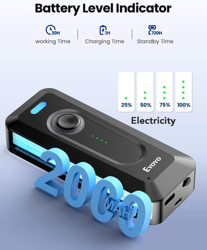 Eyoyo 2D Bluetooth Barcode Scanner Wireless with Clip, 2000mAh Battery with Level Indicator, Portable Mini QR Bar Code Reader for Library Book Inventory Compatible with iPhone, iPad, Android Phone
