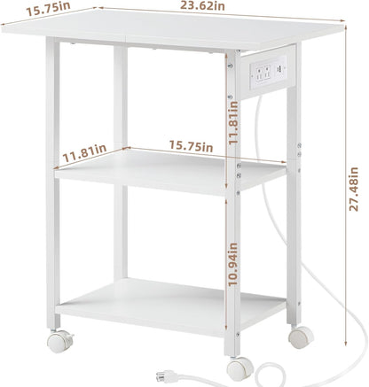 Lerliuo 3-Tier Printer Stand with Charging Station, Industrial Mobile Printer Table with Storage Shelf and Steel Frame, Rolling Printer Cart Holder with Lockable Wheels for Home, Office (White)