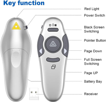 QUI Presentation Clicker Wireless Presenter Remote Clicker for PowerPoint Presentation Remote, PowerPoint Slide Advancer for Mac/Windows/Linux, Google Slide/PPT/Keynote, USB, Silver