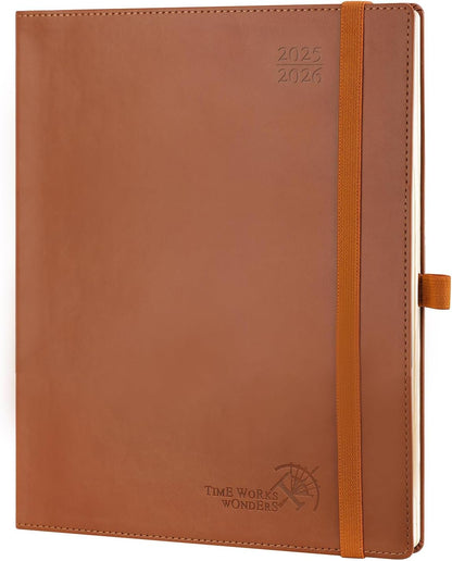 POPRUN Planner 2025-2026 (Large - 8.5'' x 10.5'') Academic Weekly Calendar (July 2025 - June 2026) with Hourly Time Slots, Monthly Tabs, 100GSM Thick Papers, Leather Soft Cover - Brown