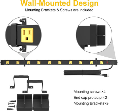 10 Outlet Surge Protector, Long Metal Wide Spaced Garage Industrial Power Strip, Heavy Duty with 6 FT Cord, 15A, 125V, 1875W, 2700 Joules, 2Pack, SGS Listed