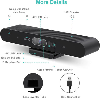 4K Pro Audio and Video Conference Room Camera with Remote Control for Windows TV, AI-Powered HD Webcam with Microphone & Speaker for Desktop Computer/PC/Monitor/Laptop/Teams/Zoom/Skype