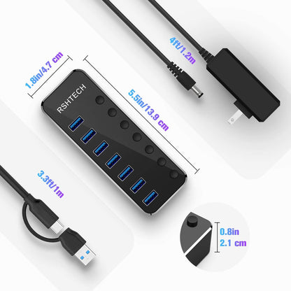 Powered UBS Hub, RSHTECH 7 Port USB 3.0/USB C Hub Upgraded Version Aluminum USB Splitter with 2-in-1 USB Cable,5V 3A Power Adapter and Individual Switches, USB Port Expander for Laptop/PC, RSH-ST07