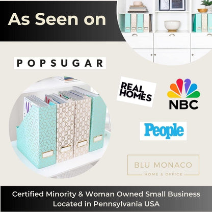 BLU MONACO Set of 4 Foldable Cute Magazine File Holders with Gold Label Holders – 2 Pink & 2 Aqua with Fun Gold Geometric Patterns – Stylish & Durable Magazine Storage for Home & Office