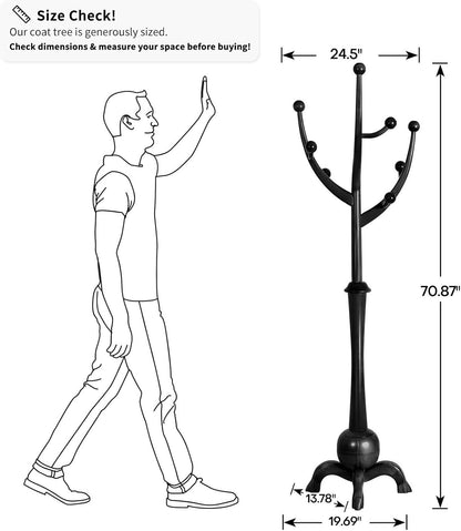 Heavy Duty Coat Rack Freestanding Wood Tree Rack with 8 Hooks, Unique Design Tree Branch-look, Premium Coat Tree Clothes Hanger Stand with Sphere Base for Entryway, Hallway, Bedroom-Load 160lbs Black