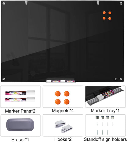 TSJ OFFICE Glass Dry-Erase Board - 48 x 32 Inches Wall Mounted Black Glass Magnetic Whiteboard, Large Frameless White Board for Office, Home & School