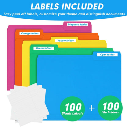 File Folder, RAZCC 100 Pack 1/3 Cut Tab Colored File Folders, File Folder Letter Size for Office Classroom Use, Assorted 5 Colors Folders with Tabs