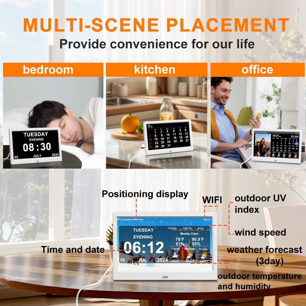 Digital Alarm Clock with Date and Time for Elderly Digital Calendar Clock Photo Frame- Auto Dimmable Display 15 Alarm Options (10 inch White)