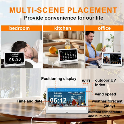 Digital Alarm Clock with Date and Time for Elderly Digital Calendar Clock Photo Frame- Auto Dimmable Display 15 Alarm Options (10 inch White)