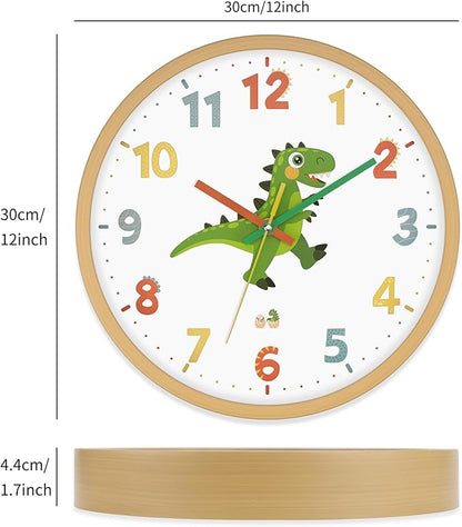 Dinosaur Wall Clock for Kids Bedrooms 12 Inch Silent Non-Ticking Battery Operated Analog Clocks Kids Wall Clock for Classrooms, Kids Bedrooms, Playrooms and Nursery for Toddler Children