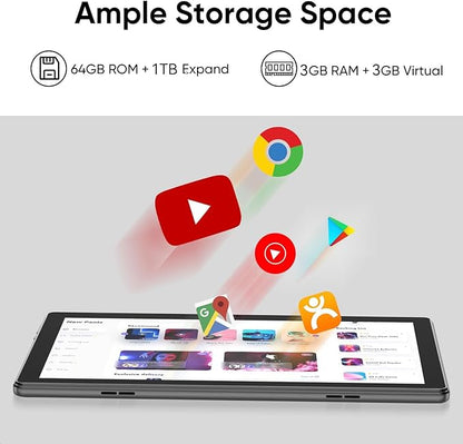 Tablet 10 inch Android 15 Tablets, 6GB RAM 64GB ROM 1TB Expand, Quad-Core Processor, 1280x800 LCD Touch Screen, WiFi 5, Dual Camera, BT5.0, 6000mAh Battery, Drop-Proof Case