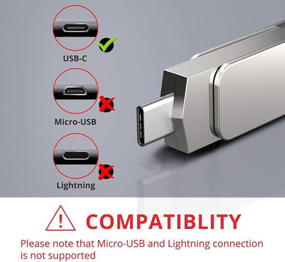 MOSDART 128GB USB3.1 Fast Speed C and A Dual Flash Drive, exFAT Memory Stick with Keychain Loop, for iPhone 15,16,17, Android Phone, iPad, MacBook, Silver(Pack of 2)
