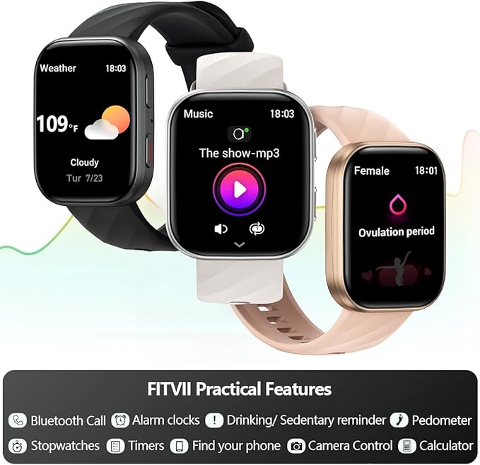 FITVII Health & Fitness Tracker (Answer/Make Calls), Smart Watch with 24/7 Heart Rate and Blood Pressure, Sleep Tracking, Blood Oxygen Monitor, 120+ Sport Mode Activity Tracker for Women Men