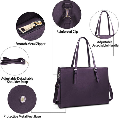 Laptop Bag for Women Waterproof Lightweight Leather 15.6 Inch Computer Tote Bag Business Office Briefcase Large Capacity Handbag Shoulder Bag Professional Office Work Bag Dark Purple