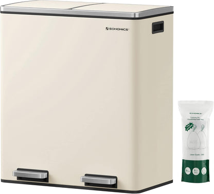 SONGMICS Trash Can, 2 x 8 Gallon (2 x 30 L) Garbage Can for Kitchen, with 15 Trash Bags, 2 Compartments, Plastic Inner Buckets and Hinged Lids, Airtight, Almond Color ULTB201A01