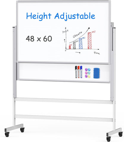 maxtek Dry Erase Whiteboard Height Adjustable, Easel Stand Rolling White Board on Wheels - 48 x 60 Large Mobile Dry Erase Board, 4' x 5' Double Sided Magnetic Whiteboard for School Office Home
