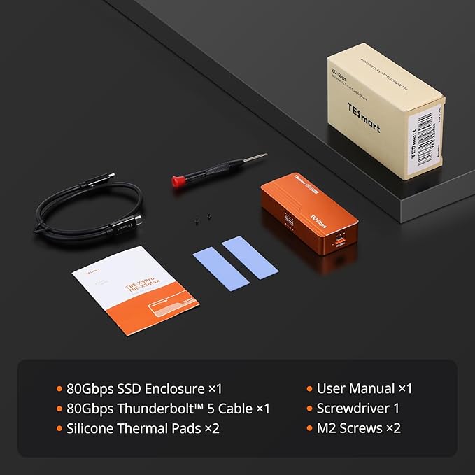 TESmart 80Gbps M.2 NVMe SSD Enclosure with ASM2364 Chip, High-Speed 7000MB/s | Compatible w/Thunderbolt 5/USB4 v2/USB 3.2 gen 2x2 (20Gbps), PCIe 5.0 SSD | Smart Cooling | Aluminium Alloy(TBE-X5Max)