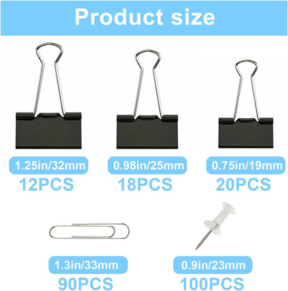 Paper Clips and Binder Clips Office Supplies Paperclips Assorted Sizes, 240 PCS Black Office Clips Paperclips and Binder Clips Set, Small Binder Clip Cute Binder Clip Push Pin Paper Clamp Thumb Tack
