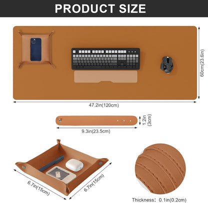 DAWNTREES Dual Sided Desk Mat,Brown Leather Desk Pad,47.2''x23.6'',Cork Desk Mat Protector,120x60cm Extra Large Mouse Pad,with PU Leather Valet Tray Organizer,Desk Writing Pad for Office and Home