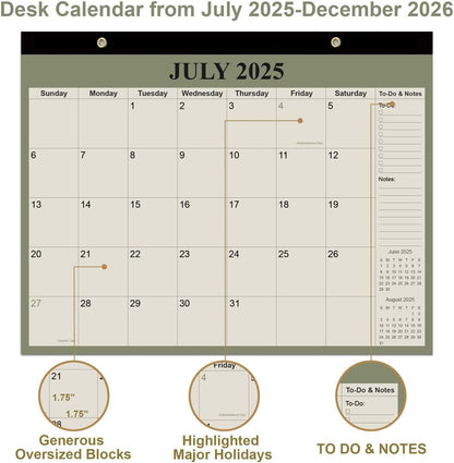 Desk Calendar 2025-2026 - 18 Months Calendar from July 2025 to December 2026, Calendar 2025-2026 with Thick Paper for Office Home School Organizing, 14" X 11", Green