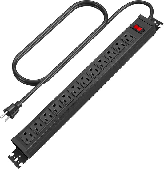 HHSOET Rotating Mountable Power Strip, 12 Outlet Wall Mount Surge Protector, Metal Heavy Duty and Versatile Outlet Strip, Stylish Appearance, Sturdy and Durable, 10ft Power Cord.(Black)