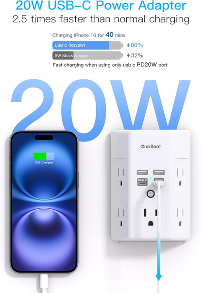 Surge Protector, 5 Outlets Extender with 4 USB Ports(USB C PD20W), 3-Side 1680J Power Strip Multi Plug Outlet Expander, USB Wall Charger, Outlet Splitter Adapter Wall Mount for Home Office(White)