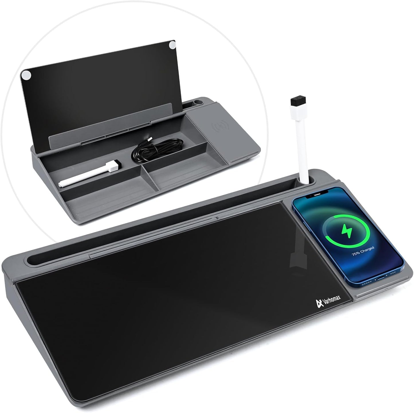 Varhomax Glass Desk Whiteboard with Wireless Charger, Desktop Organizer Dry Erase White Board with Storage, to Do List Memo Notepad for Home Office and School Supplies (Gray & Black)