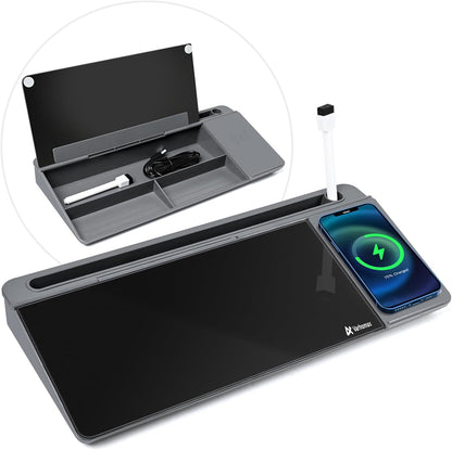 Varhomax Glass Desk Whiteboard with Wireless Charger, Desktop Organizer Dry Erase White Board with Storage, to Do List Memo Notepad for Home Office and School Supplies (Gray & Black)