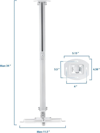 Mount-IT! Projector Ceiling Mount [30 lbs Capacity] Universal Bracket | 360 Full Motion with Tilt and Swivel Rotate | Adjustable Pole Height from 21-34.5 Inches, Extendable Arms (White | Long)