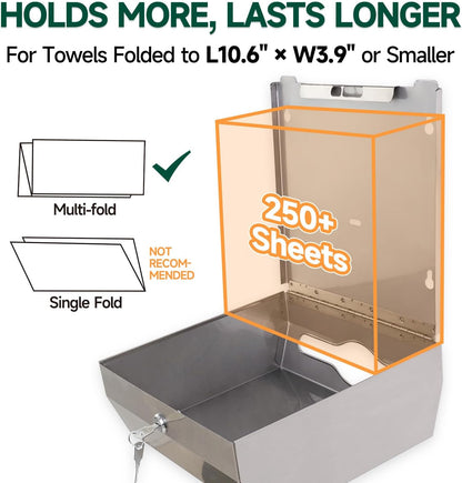 Wall Mount Paper Towel Dispenser 250-Sheet Capacity Brushed Stainless Steel Lockable Fits Multifold/Z-Fold Towels (Folded Size ≤ 10.6" x 3.9")