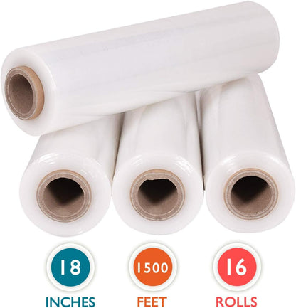 16 Rolls 18" x 1500 Ft Stretch Wrap Heavy Duty, Industrial Strength Shrink Wrap, 55 Gauge High Performance Stretch Film Replaces 80 Gauge Low Films, Clear Hand Stretch Wrap