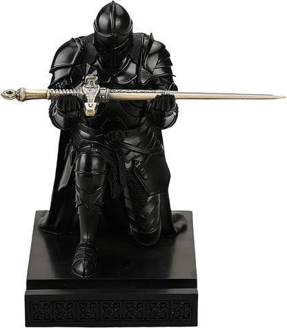 Medieval Armored Warrior Wearing Outerwear, Mobile Phone Stand Knight Pen Holder Desk Organizers, Resin Bookends Paperweight with a Letter Opener for Desk (Black)