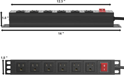 BTU 6 Outlet Power Strip, Metal Mountable Power Strip Surge Protector, Heavy Duty Wall Mount Power Outlet for Commercial, Industrial, Workshop, 6FT Power Cord, 15A/125V 1875W (Black 6FT)