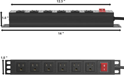 20PCS 6 Outlet Power Strip, Metal Mountable Power Strip Surge Protector, Heavy Duty Wall Mount Power Outlet for Commercial, Industrial, Workshop, Long Power Cord, 15A/125V 1875W