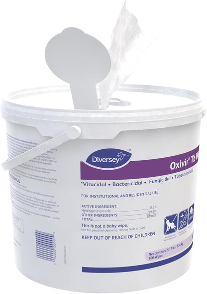 Oxivir Diversey Tb 5627427 Ready-to-Use Disinfectant Cleaning Wipes, Accelerated Hydrogen Peroxide, 11x12-Inch Extra Large Sheets, 160-Wipes, 1-Bucket (Pack of 4)