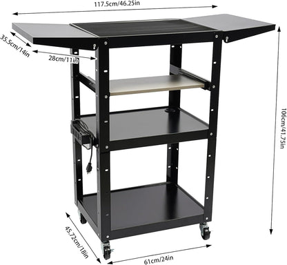 Black Steel AV Cart with Wheels & Power Strip Height Adjustable Rolling Computer Cart w/Folding Drop Leaves Media Cart Projector Cart, 300 LBs, 24 * 18 * 41.75in